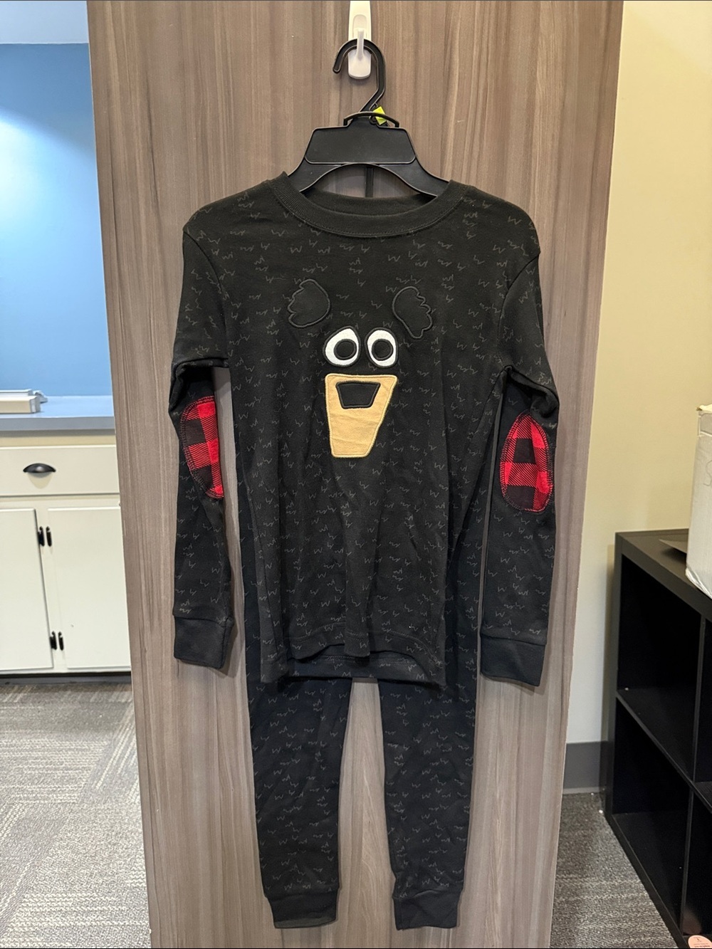 Lazy One Kids Black Pajama Set with Red Plaid Elbow Patches